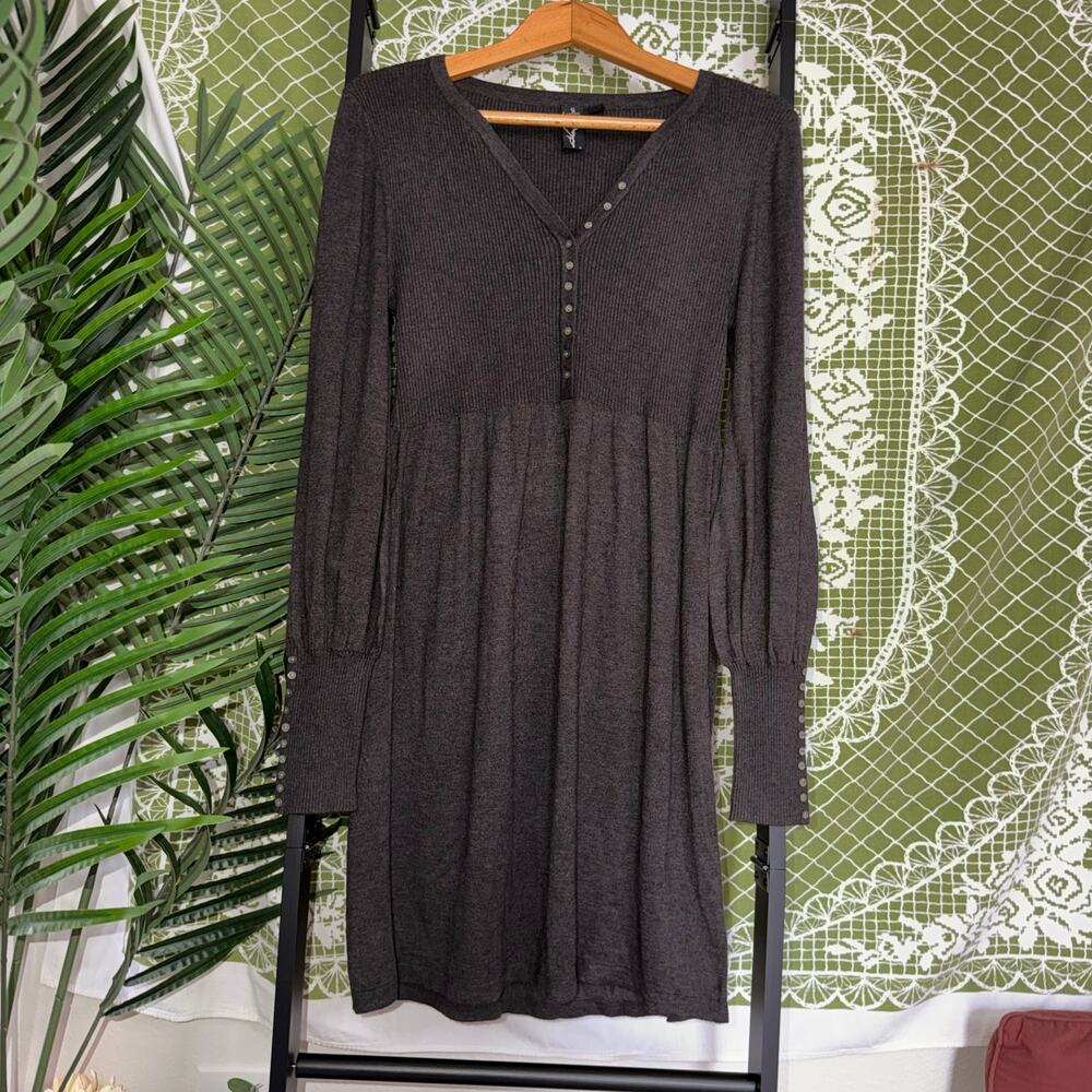 11 Sisters Bamboo Cashmere Ribbed Knit Button Cuff Mini Dress Gray M